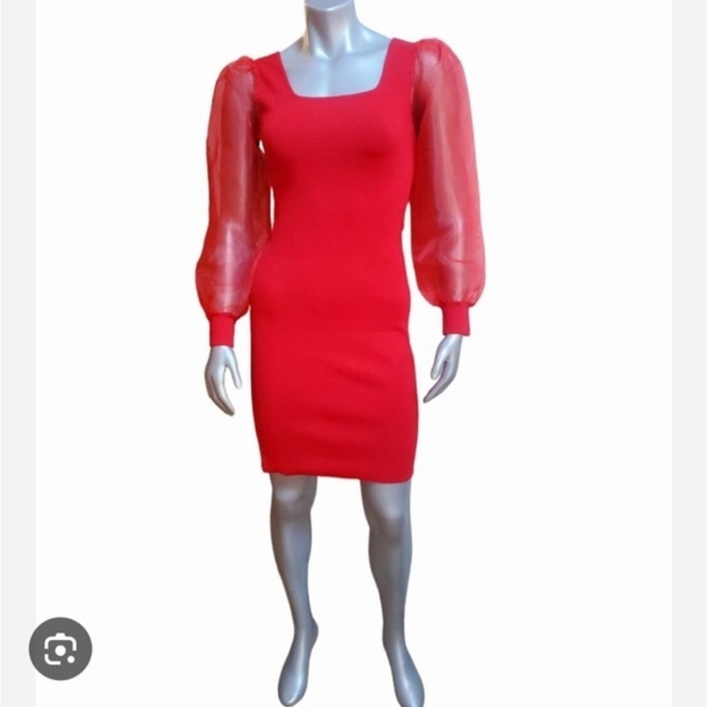 NWT House of Harlow 1960 Red Cocktail Sheath Dress balloon puff sleeve stretchy